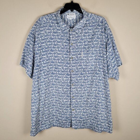 Columbia Size 4XB Hawaiian Beach Palms Cotton Button Up Shirt Short Sleeve Blue - Picture 2 of 14